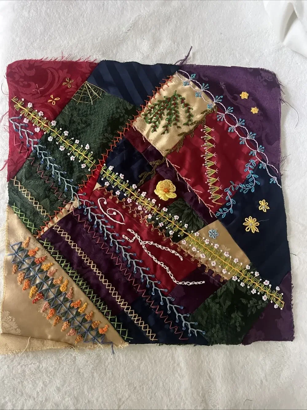 Antique Victorian Style Crazy Quilt Block 16” Silk Velvet Hand Embroidery Beaded